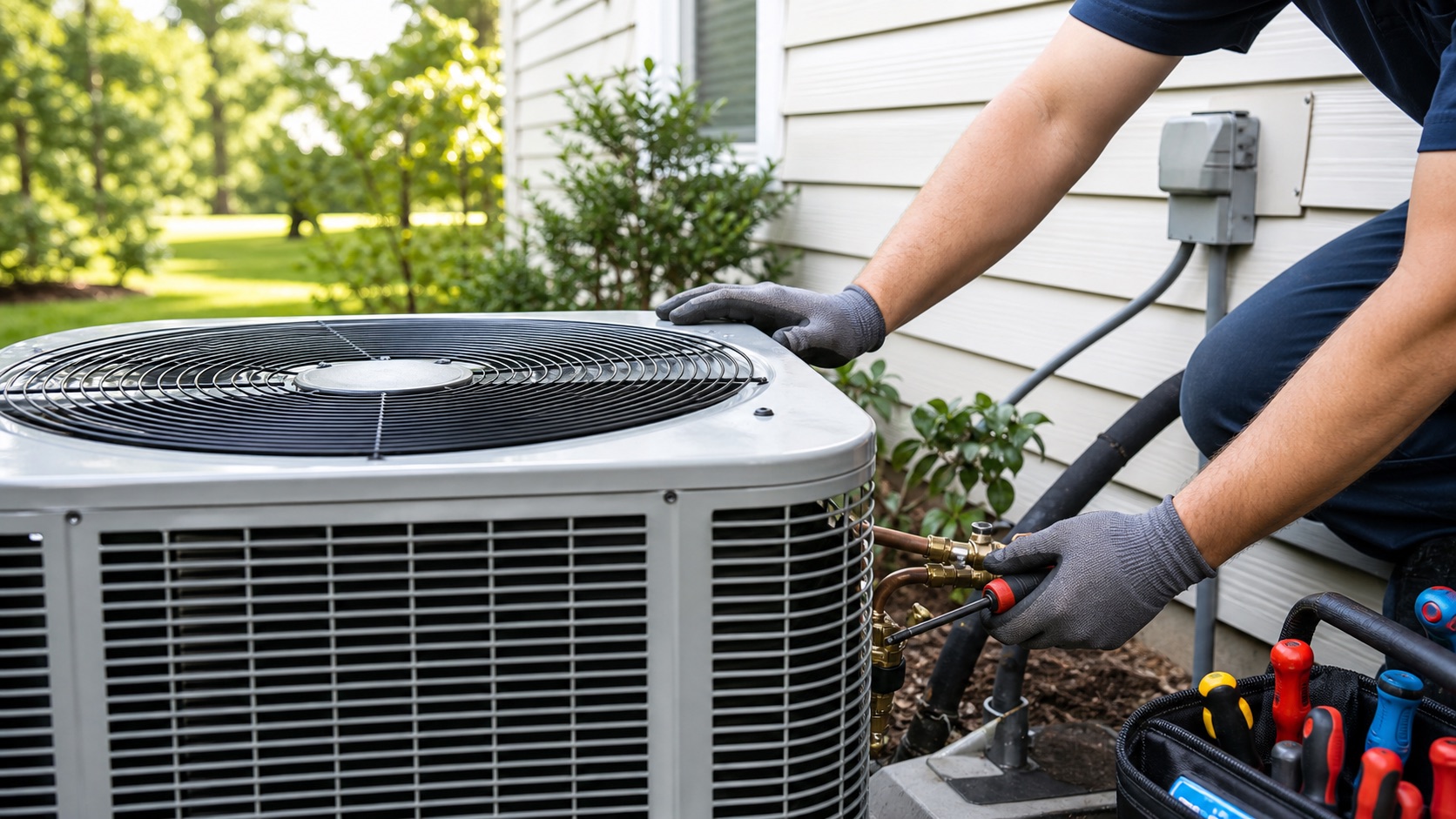 Technician inspecting an outdoor AC condenser on a warm day