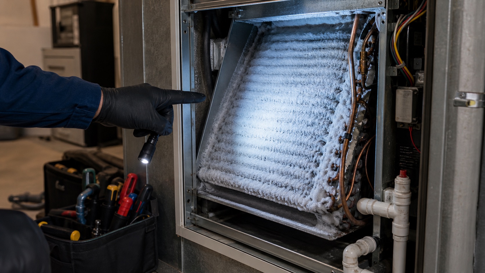 Frosted evaporator coil inside an open air handler cabinet