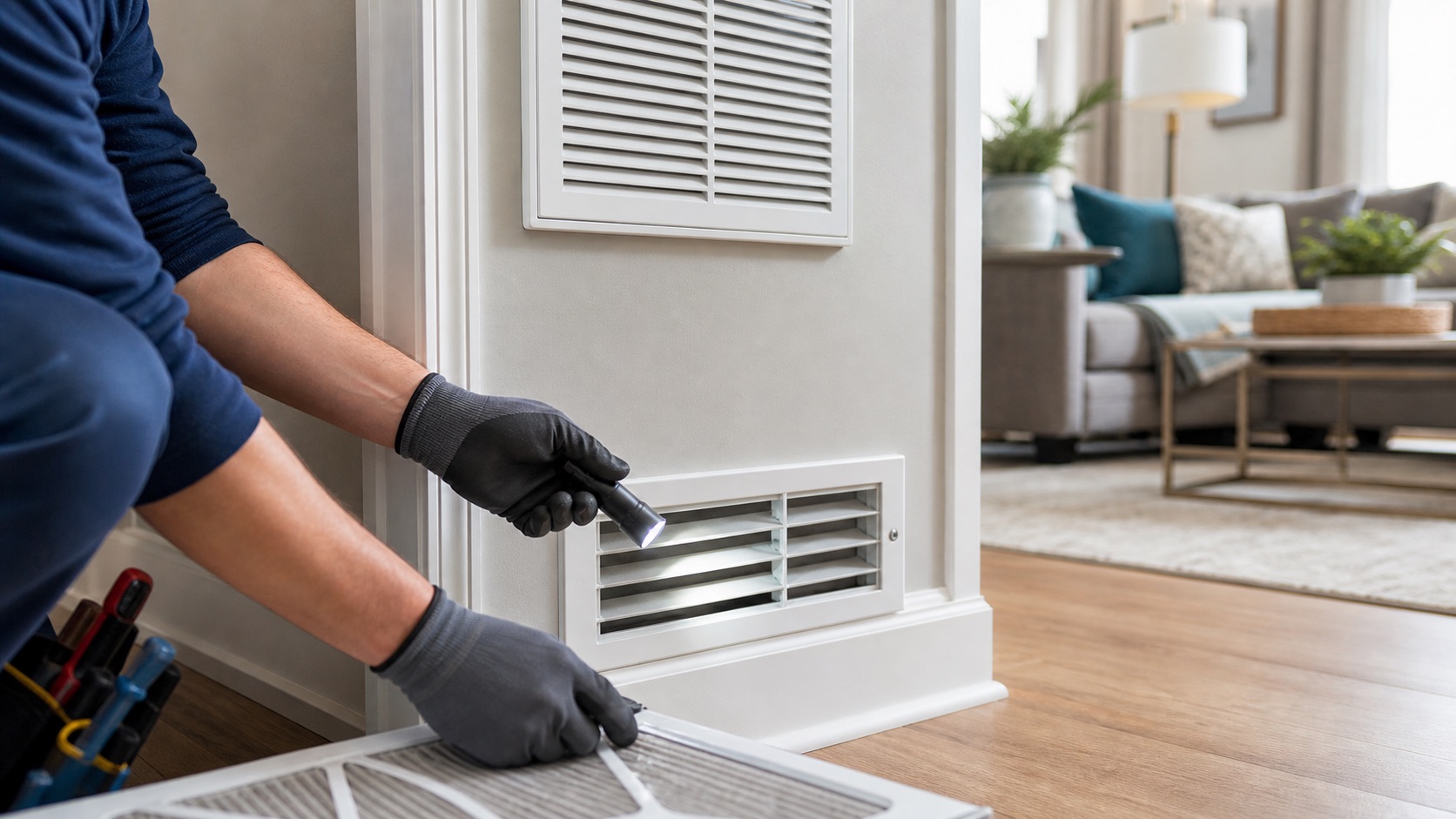 Technician checking an indoor HVAC vent and return grille
