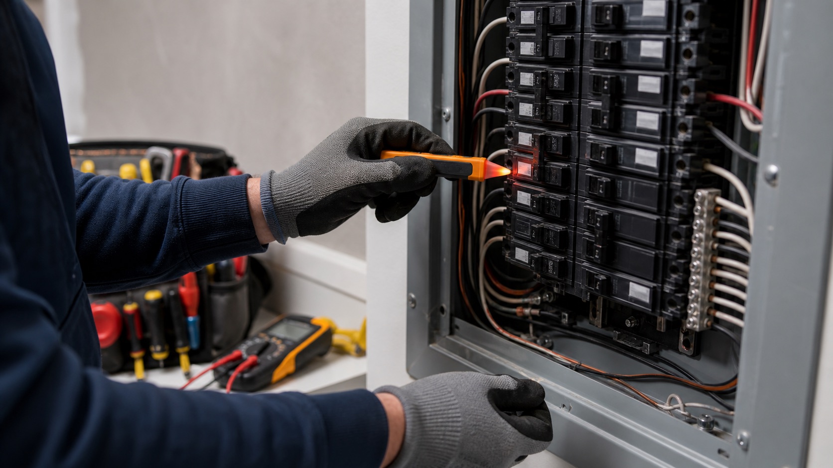 Electrician safely troubleshooting breakers in a residential panel