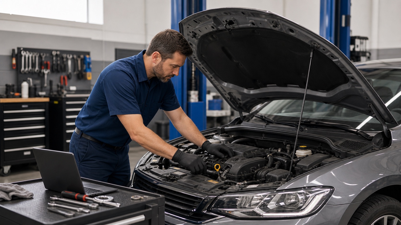 Mechanic inspecting a car engine in an auto repair shop
