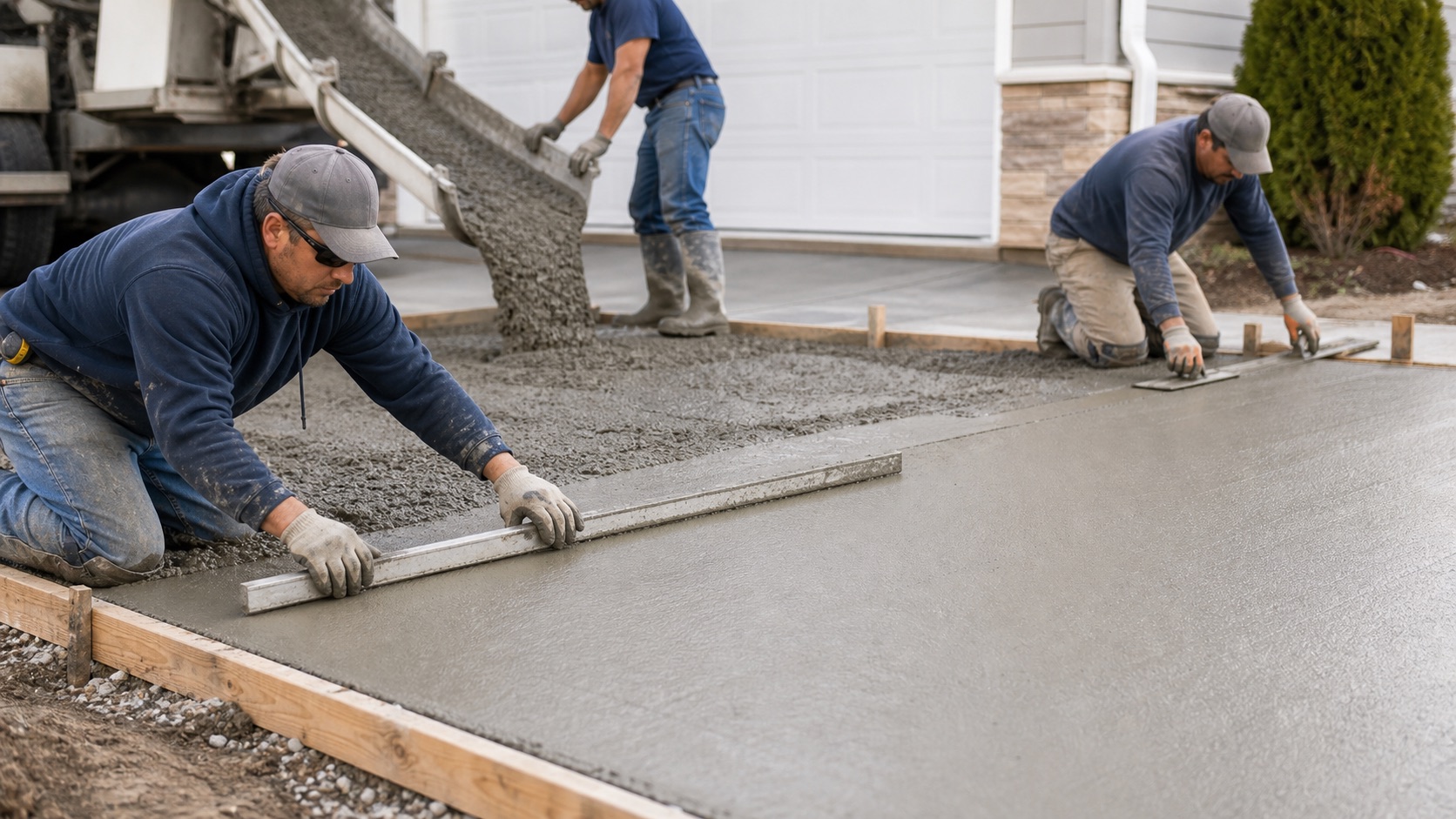 Concrete crew smoothing a fresh residential slab