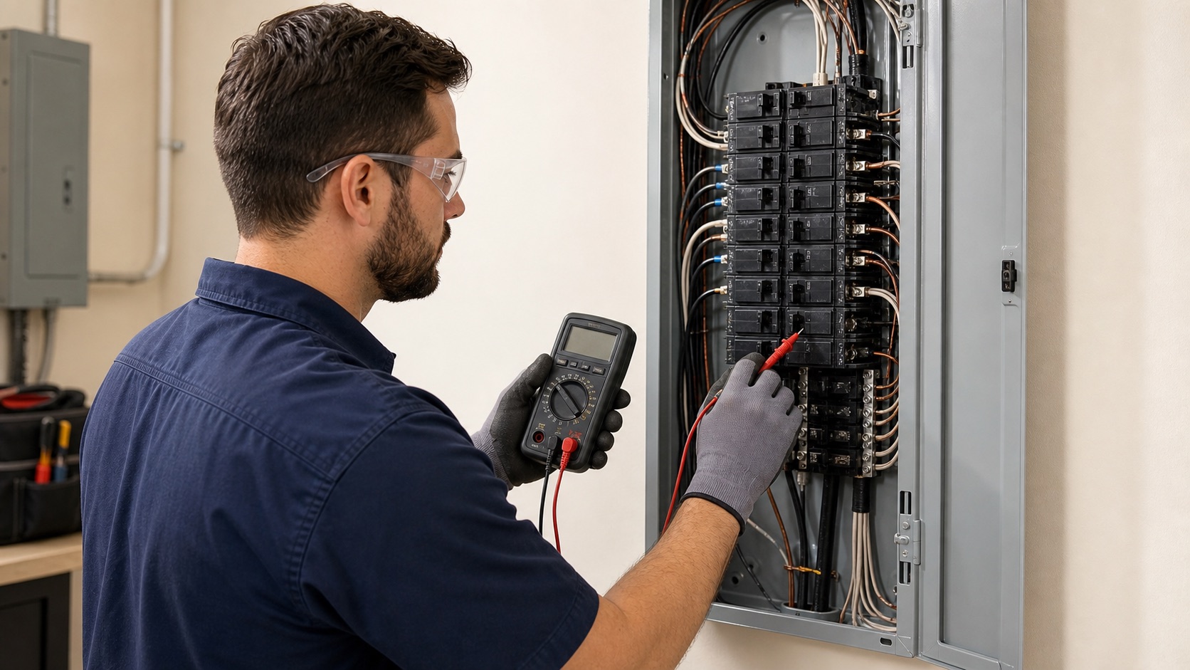 Electrician testing a residential breaker panel