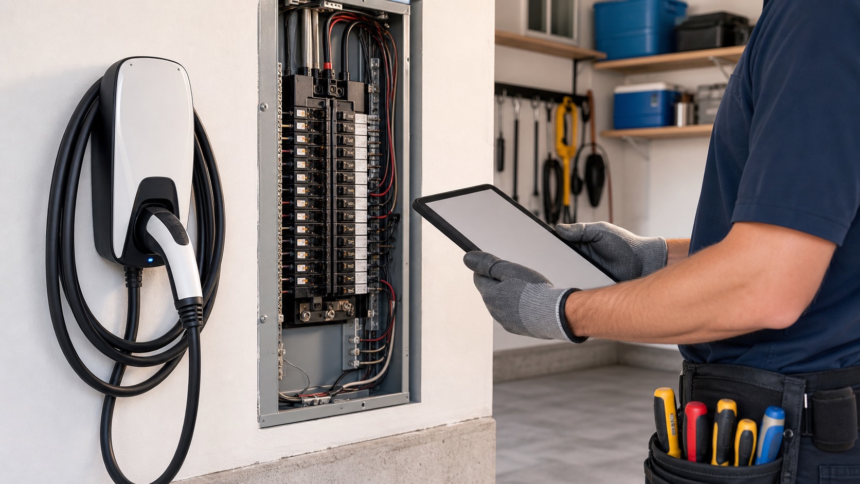 EV charger and electrical panel being reviewed in a garage
