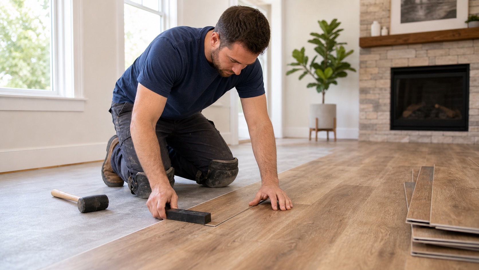 Flooring installer fitting wood-look planks in a living room