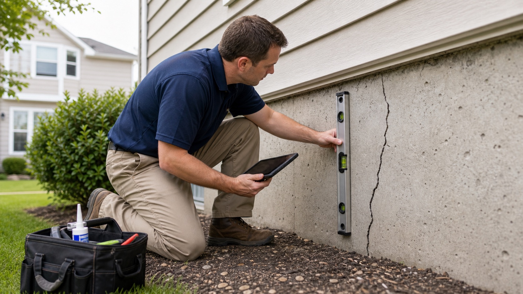 Foundation specialist inspecting a crack in a house foundation