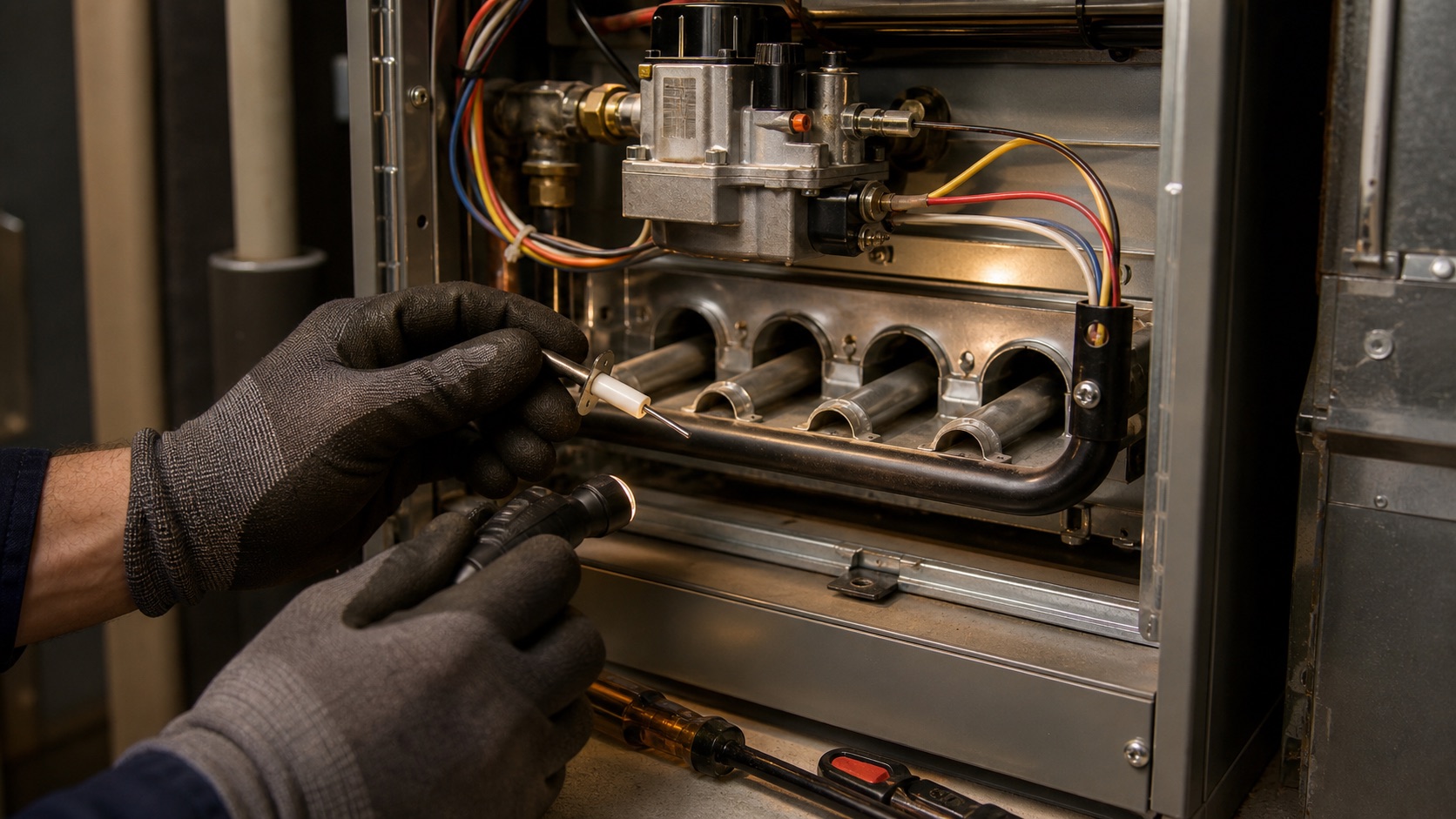 Close inspection of furnace ignition components during service