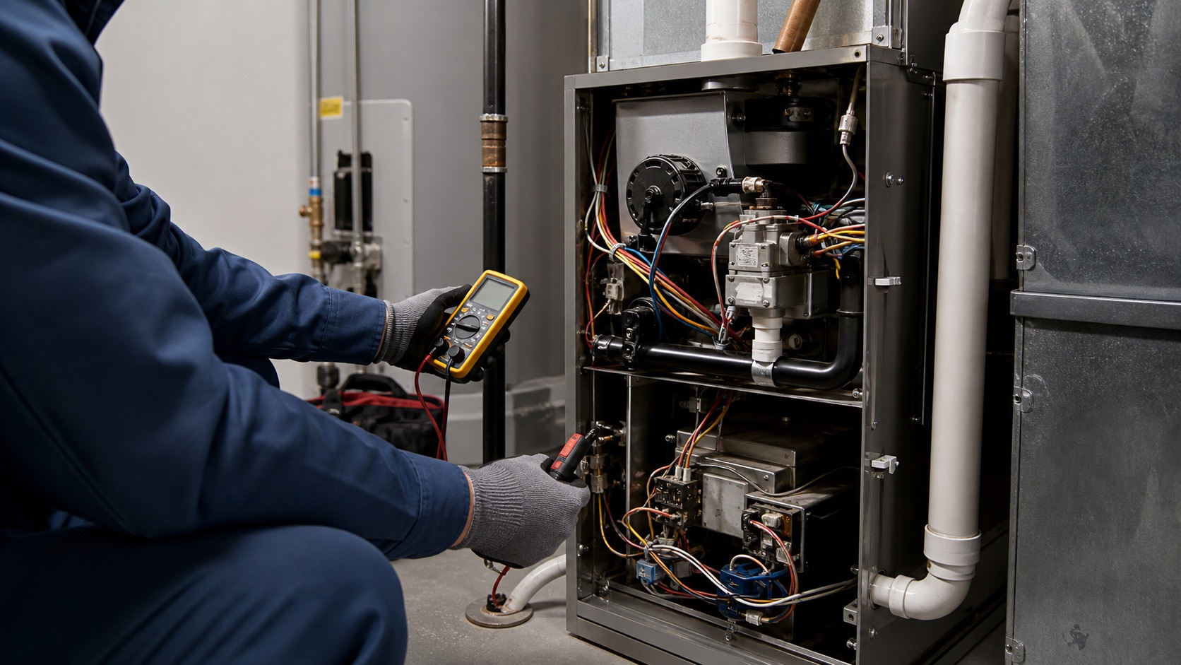 Technician inspecting a residential furnace in a utility room