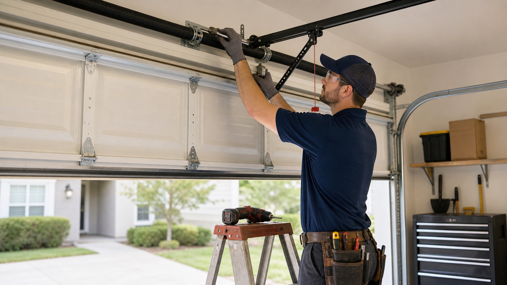 Garage door technician inspecting a residential garage door