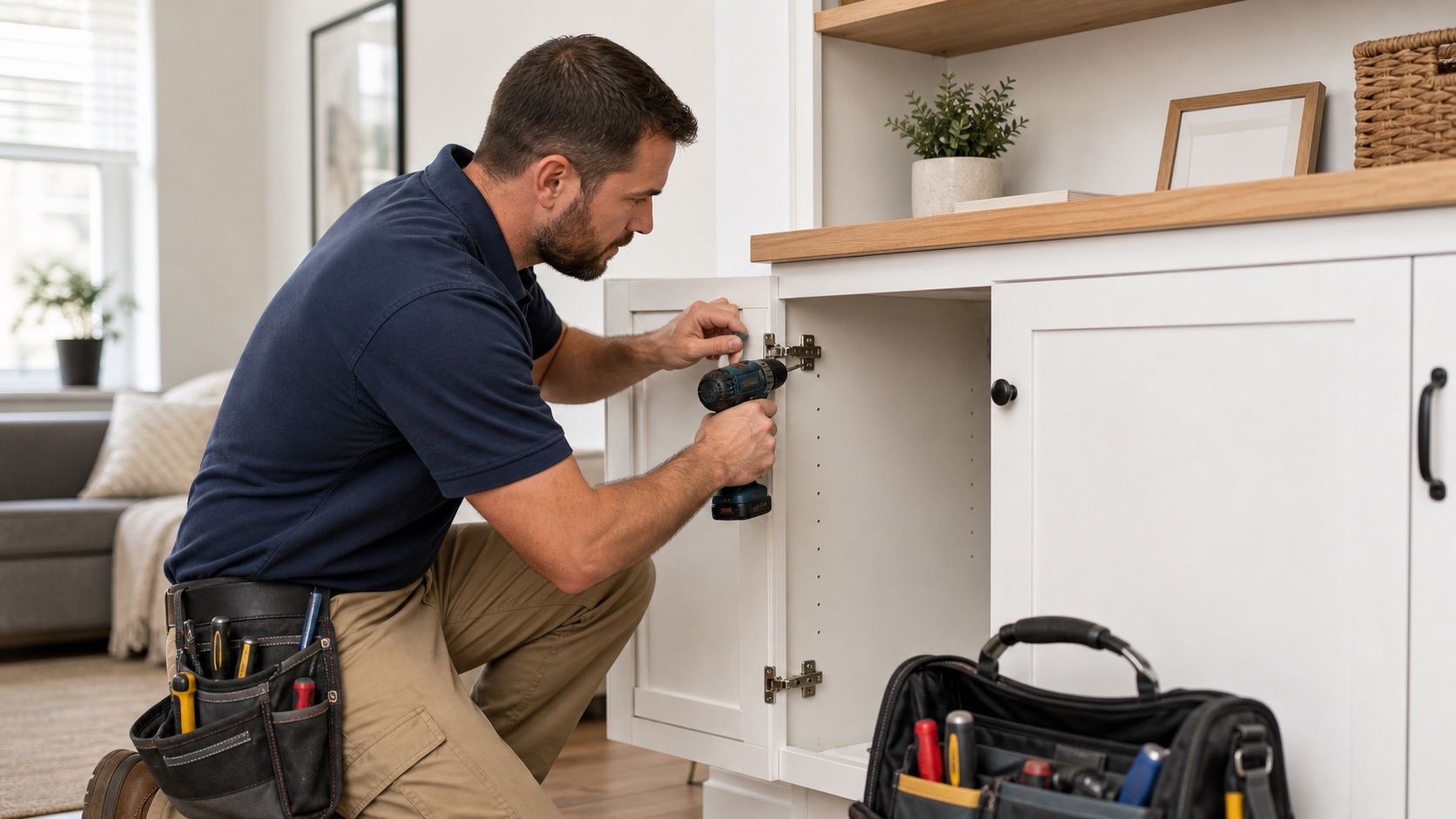 Handyman doing a small cabinet repair inside a home