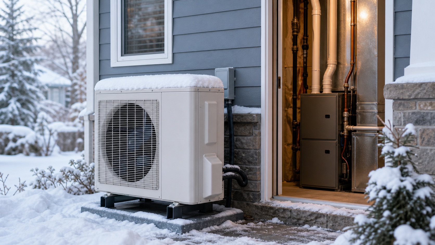 Outdoor heat pump beside a snowy home with warm indoor furnace light