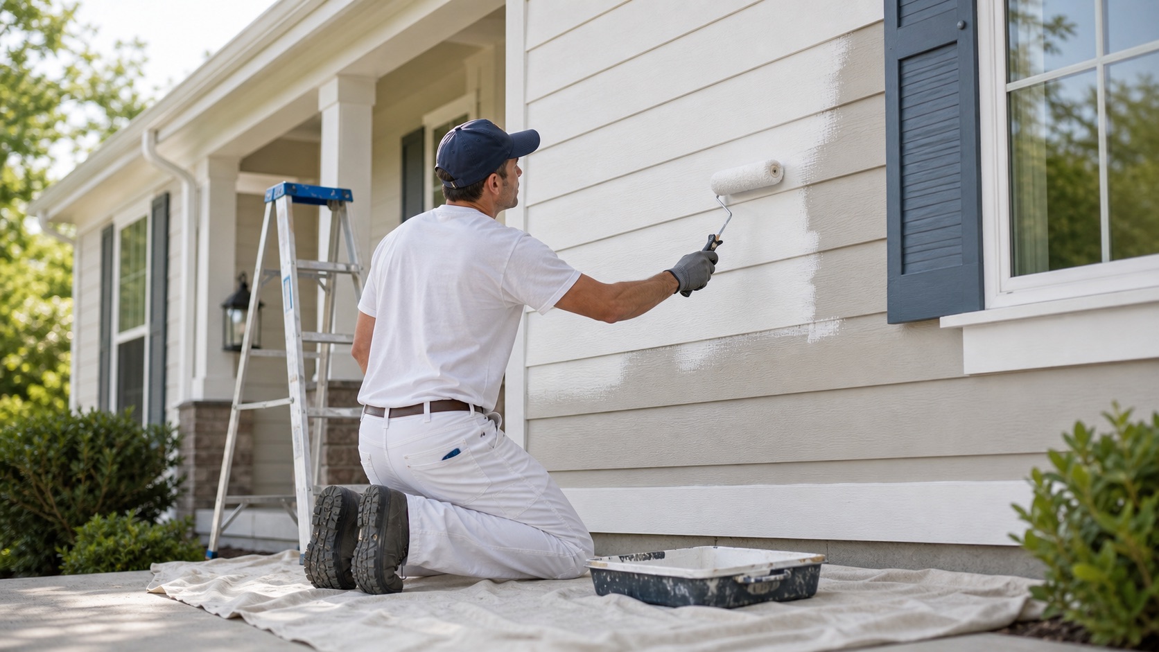 Professional painter rolling fresh paint on a home wall