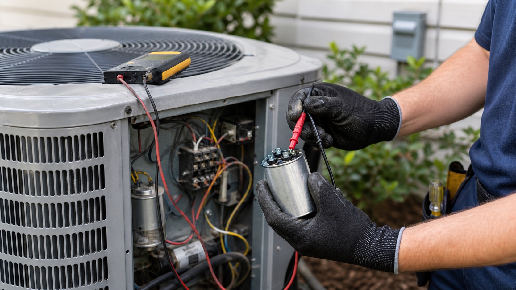Technician testing an AC capacitor inside an outdoor condenser