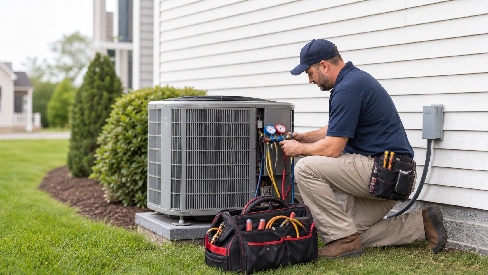 HVAC technician repairing an outdoor AC unit