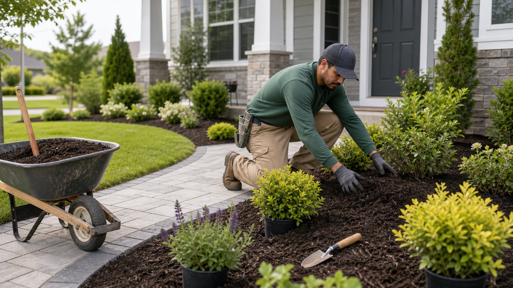 Landscaper spreading mulch and planting shrubs in a front yard