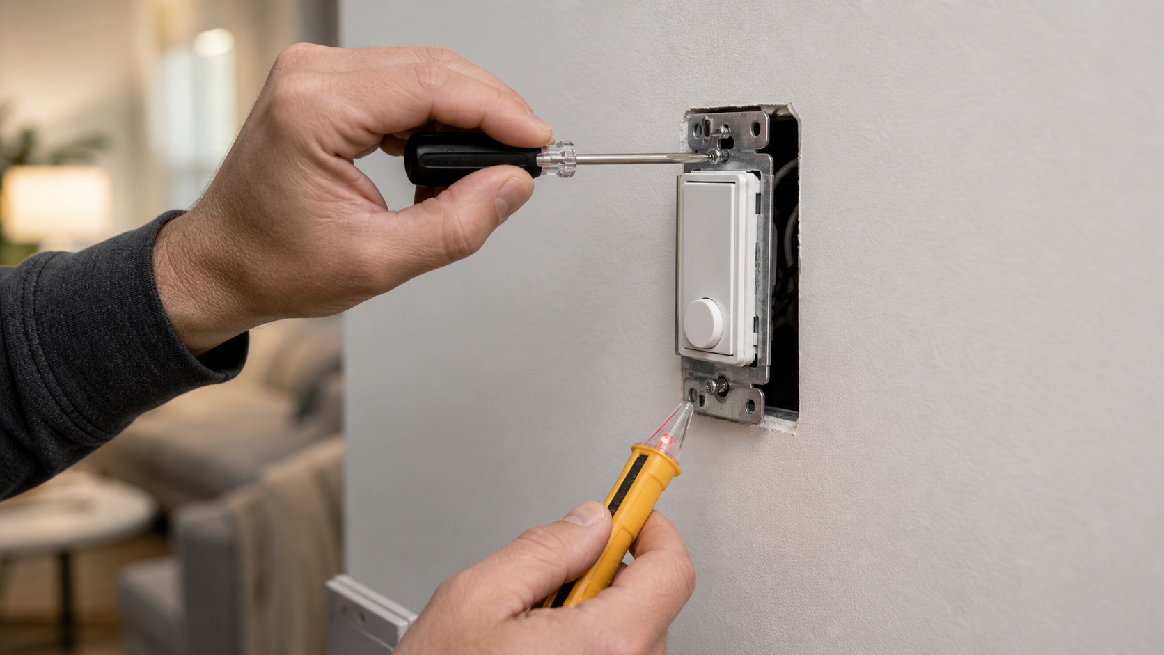 Electrician inspecting a wall dimmer switch with a tester