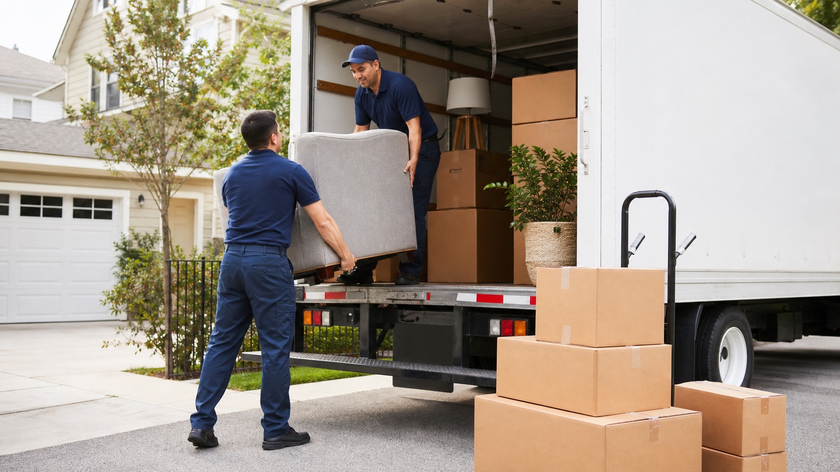 Movers loading furniture and boxes into a truck