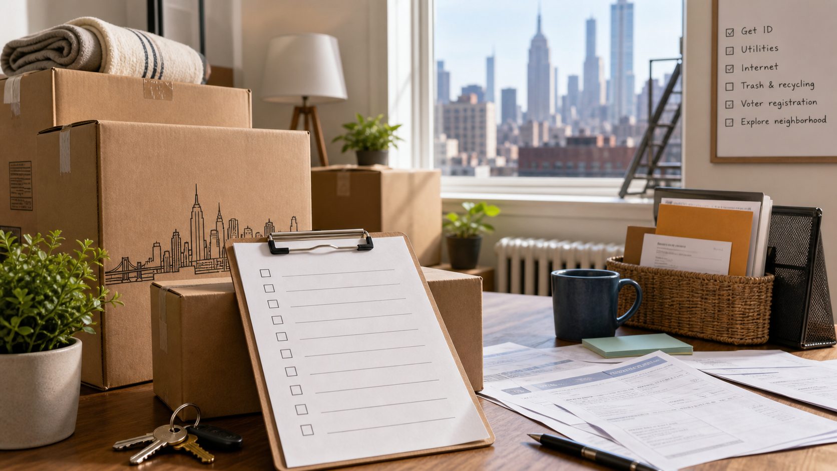 Moving boxes and checklist in a bright New York apartment