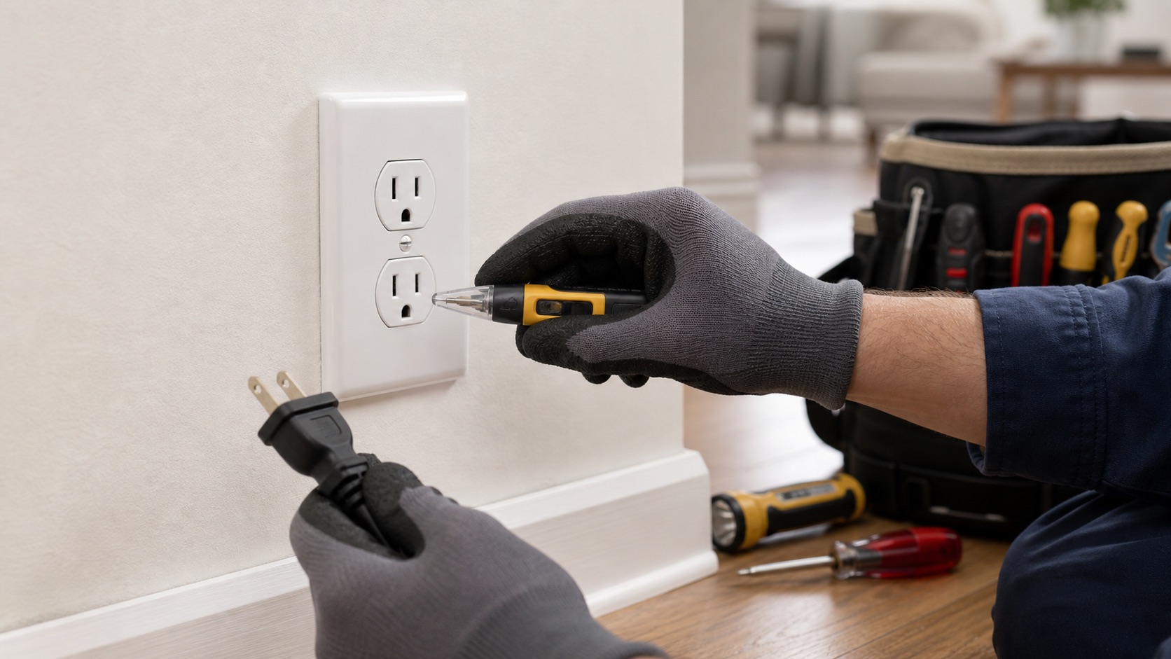 Electrician inspecting a home outlet and plug with a tester