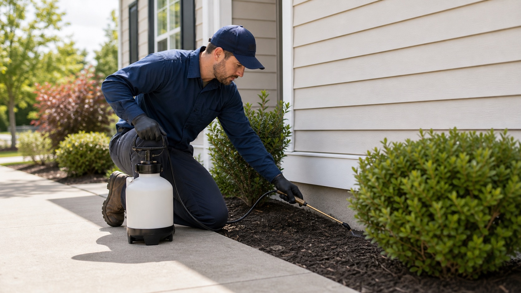 Pest control technician treating the exterior of a home
