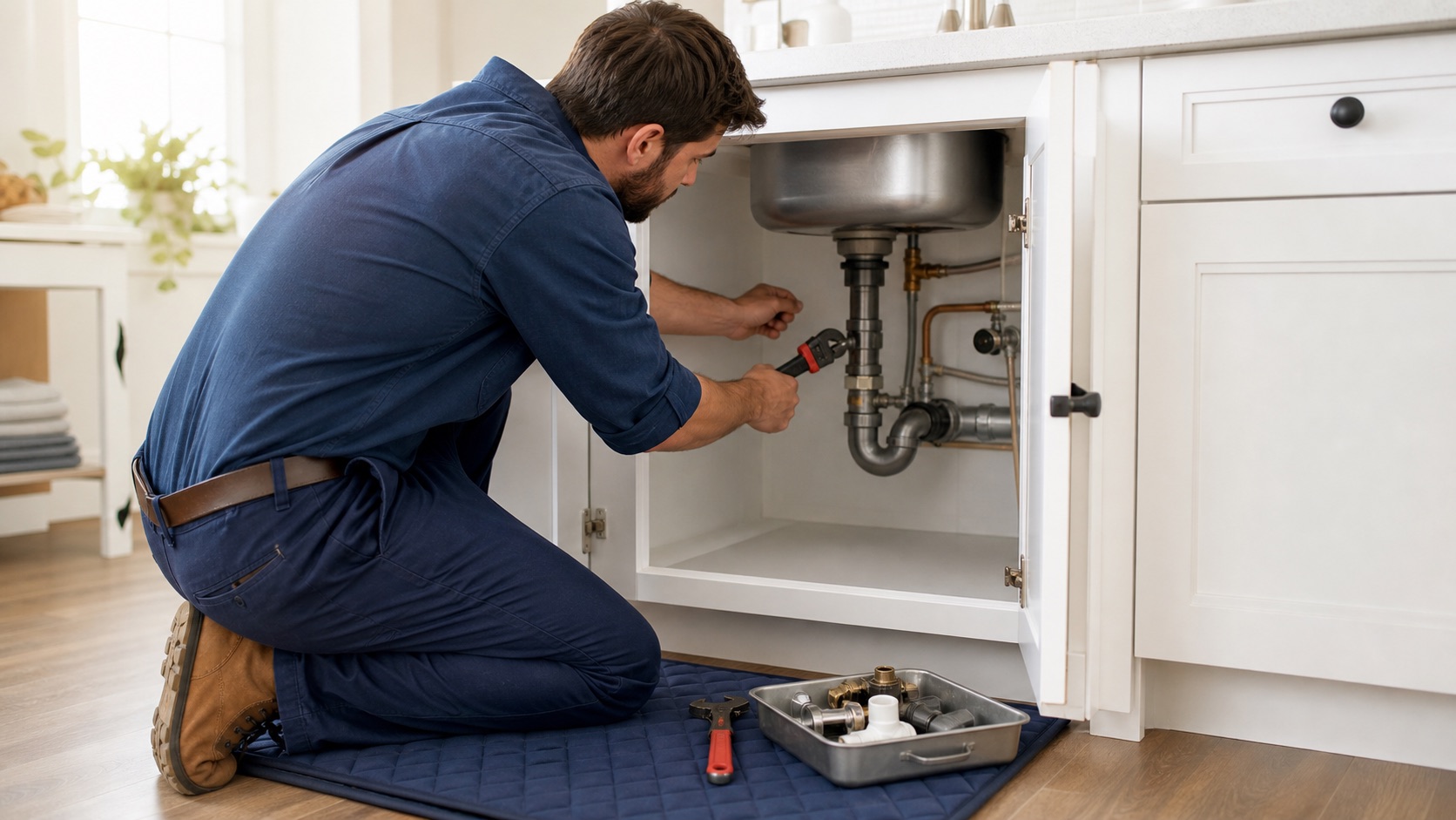 Plumber repairing pipes under a kitchen sink
