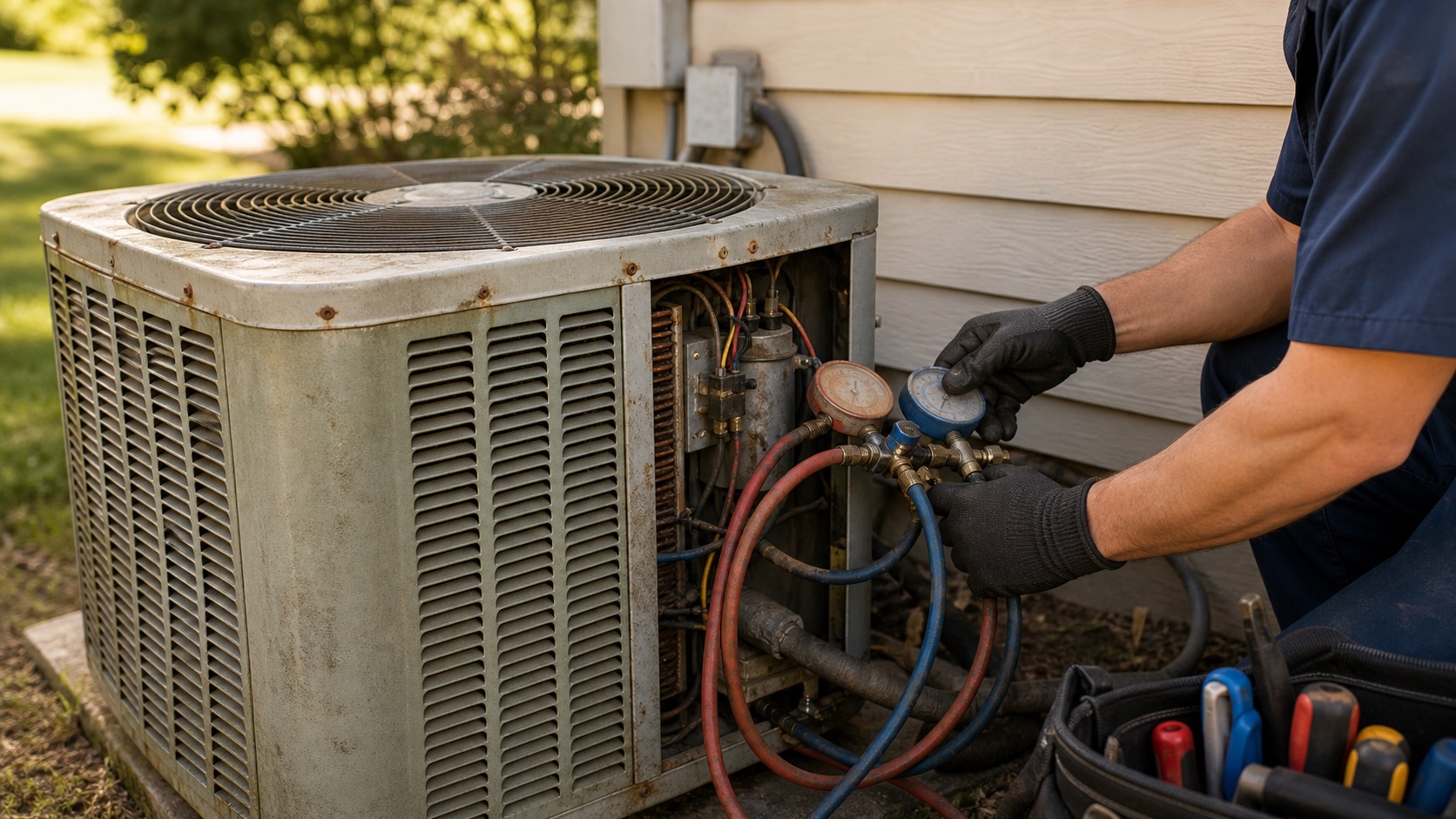Older outdoor AC condenser being evaluated by a technician