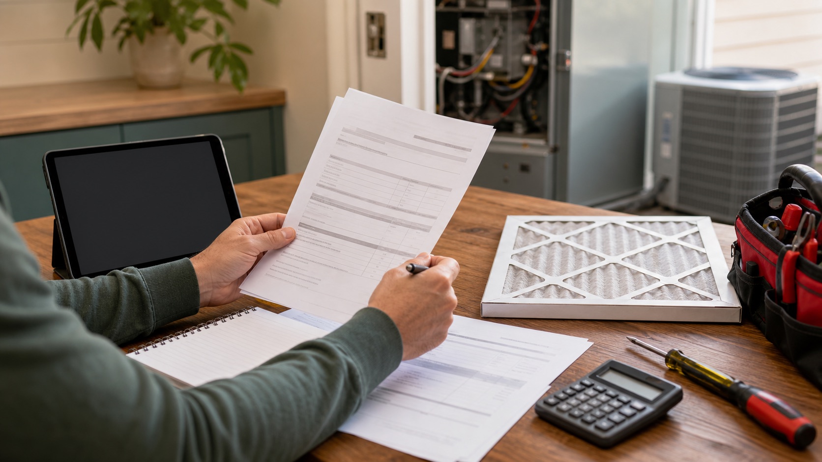 Homeowner reviewing HVAC repair paperwork beside tools and filters