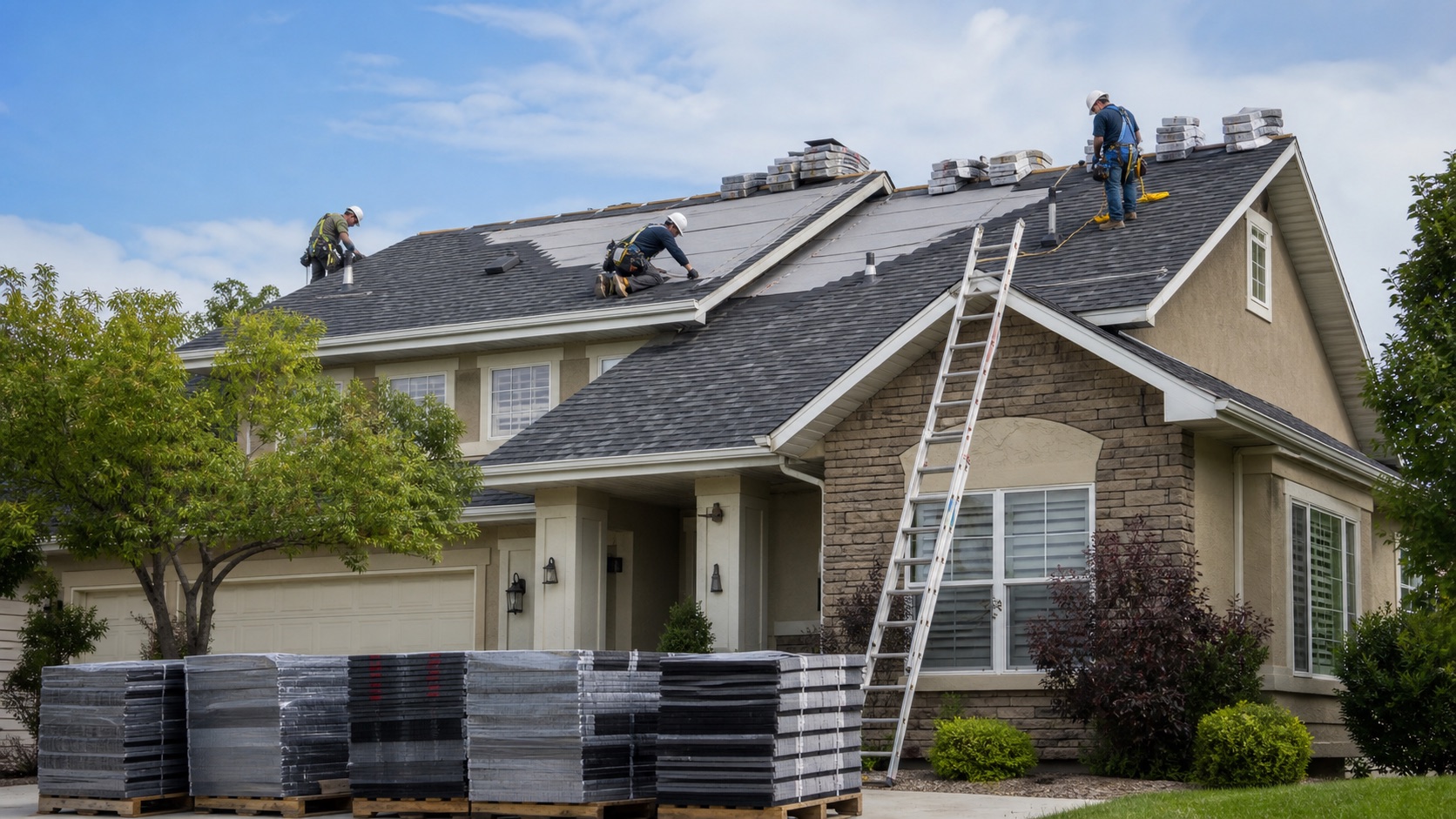 Roofing crew replacing asphalt shingles on a house