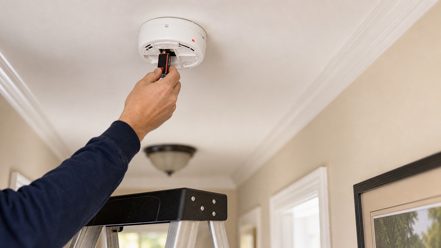 Smoke detector on a hallway ceiling being checked for maintenance