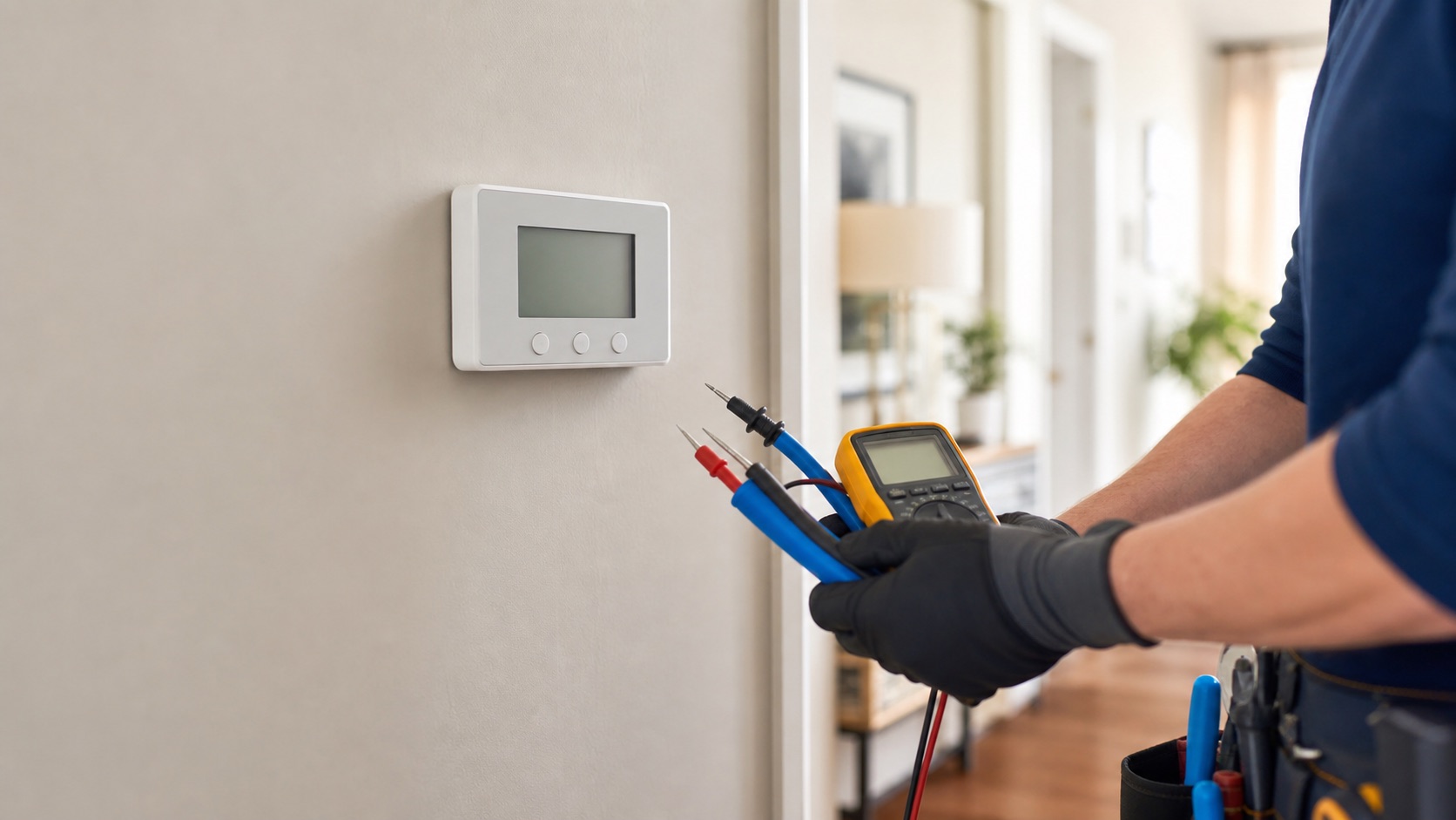 Blank home thermostat with HVAC tools ready for troubleshooting