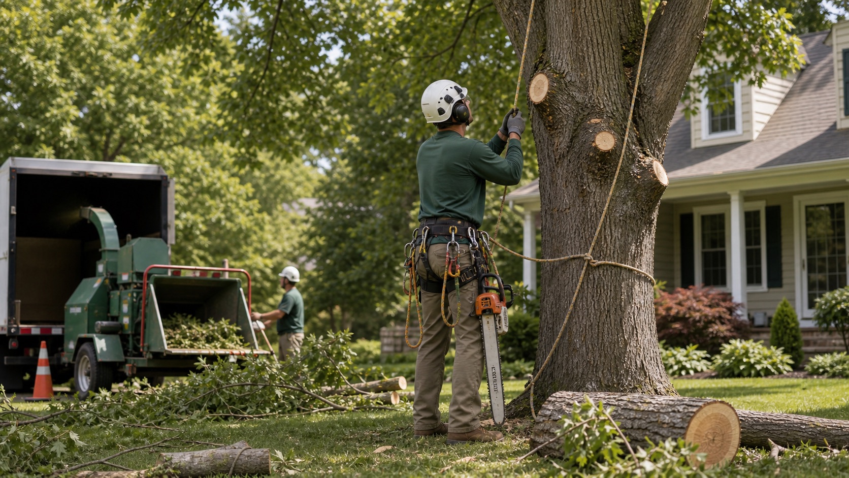Arborist preparing a controlled tree removal in a residential yard