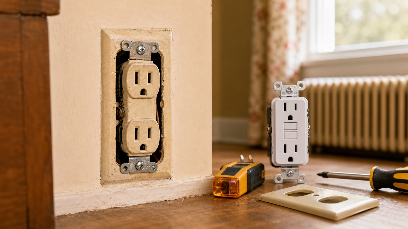 Older two-prong outlet with GFCI replacement and outlet tester nearby