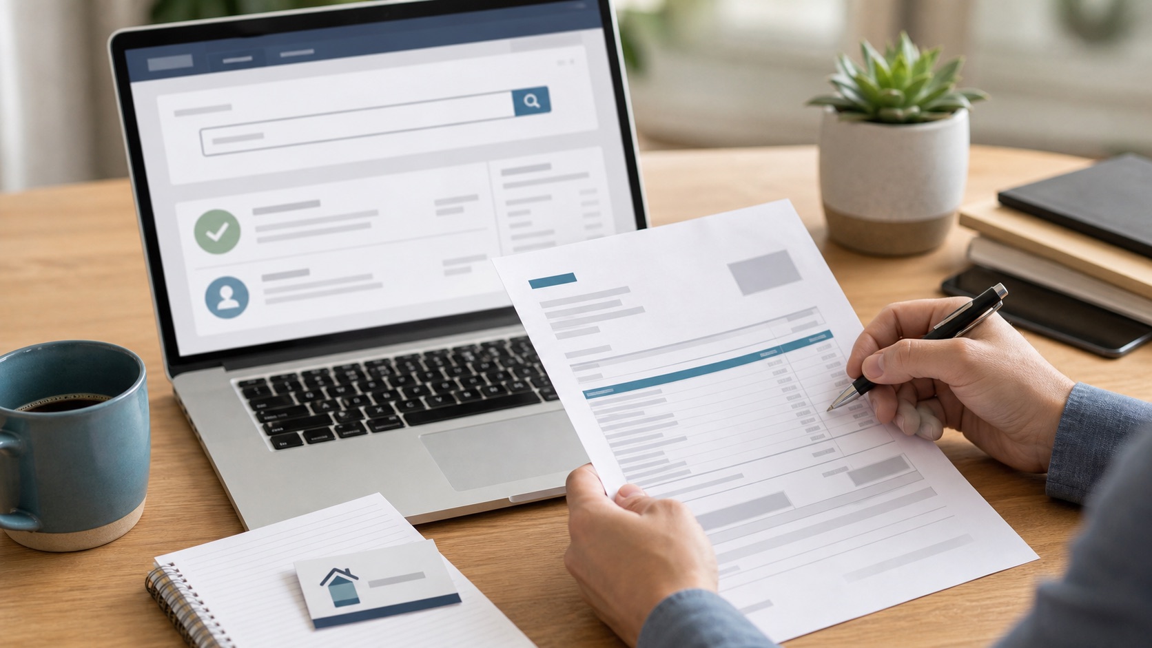 Homeowner checking contractor license paperwork at a desk