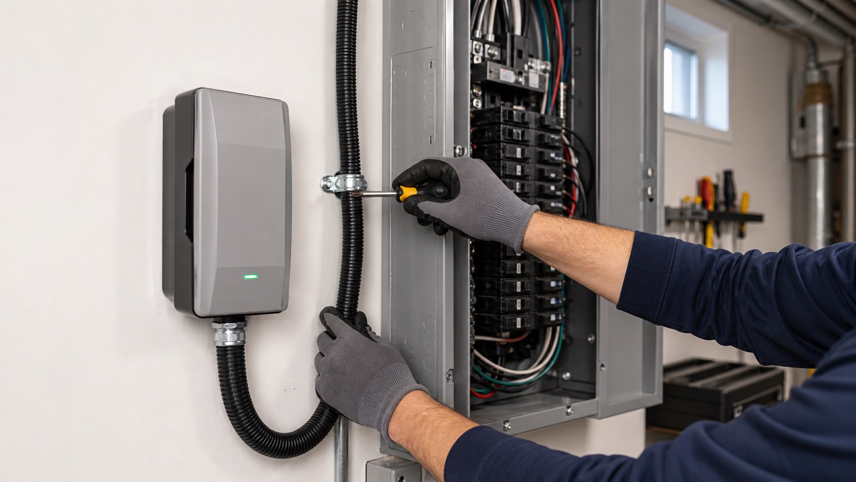 Whole-house surge protector installed beside a residential electrical panel