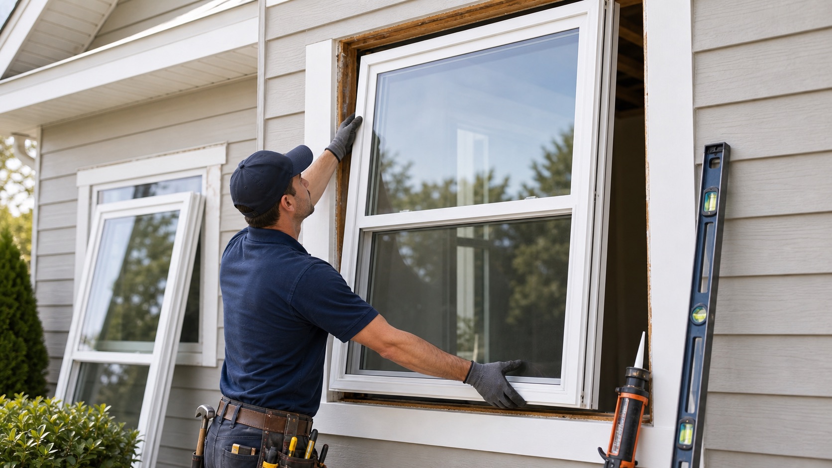 Window installer fitting a replacement window in a home